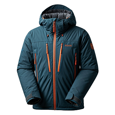 Men's dark blue winter jacket with orange zippers, designed for mountain climbing and outdoor activities