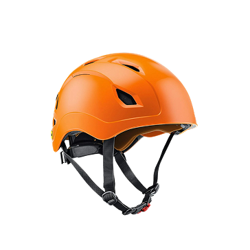 Bright orange climbing helmet with ventilation holes and adjustable chin straps, designed for outdoor safety