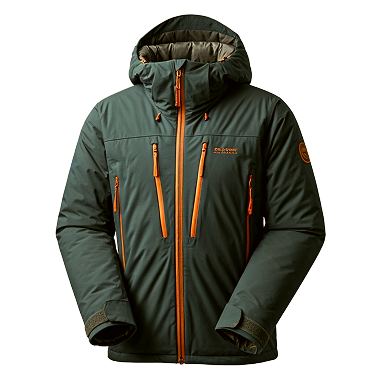 Men's dark green winter jacket with orange zippers, designed for mountain climbing and outdoor activities
